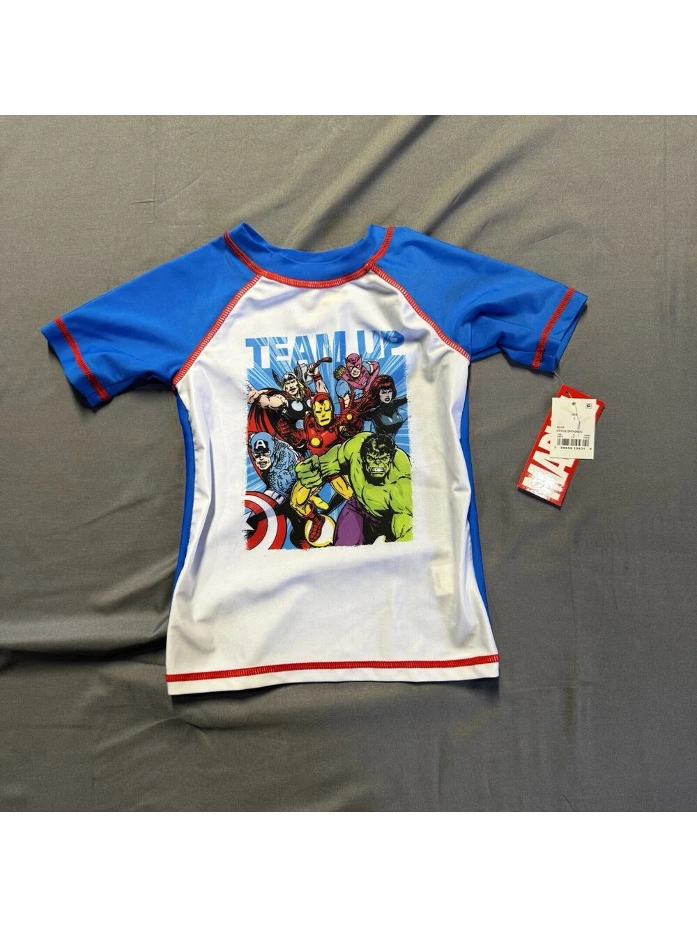 Marvel Avengers Boys Short Sleeve Rash Guard Swim Shirt Blue/White/Red Size 3